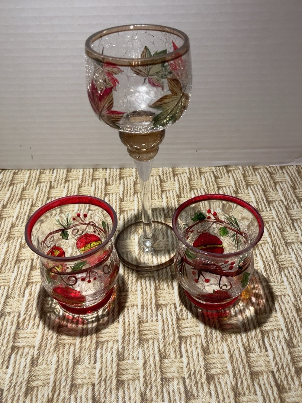 Christmas Crackle Glass Candle Holders Set of 3 Ornaments Poinsettia Votive